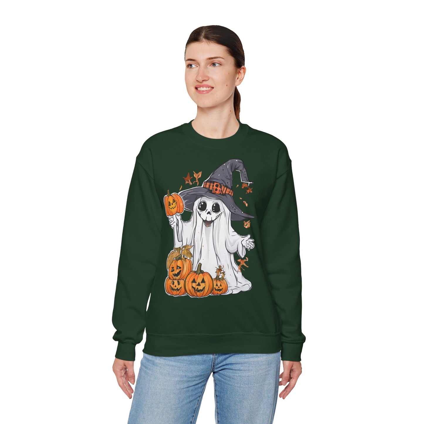 Halloween Sweatshirt mit lustigem Geist mit Hut und Kürbisse