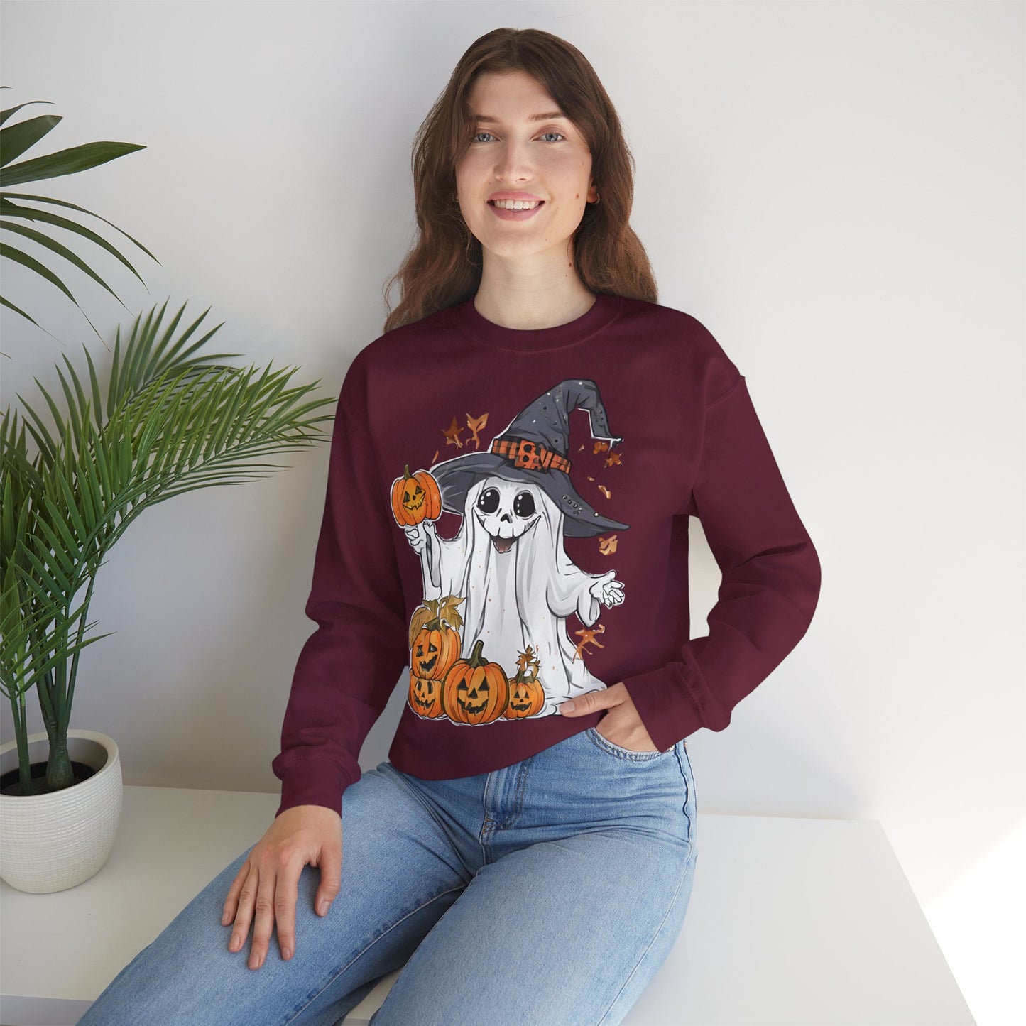 Rotbraunes Sweatshirt mit lustigem Halloween Motiv