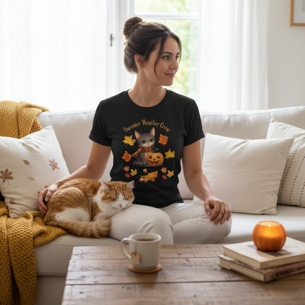 Frau mit schwarzem T-Shirt und Herbst-Design-Druck Katze mit Schal und Kürbis und einer Katze auf der Couch