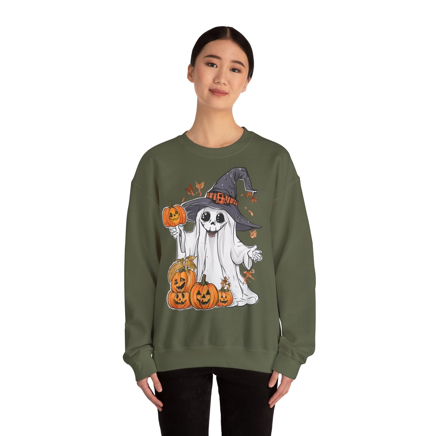 Halloween Sweatshirt mit lustigem Geist mit Hut und Kürbisse