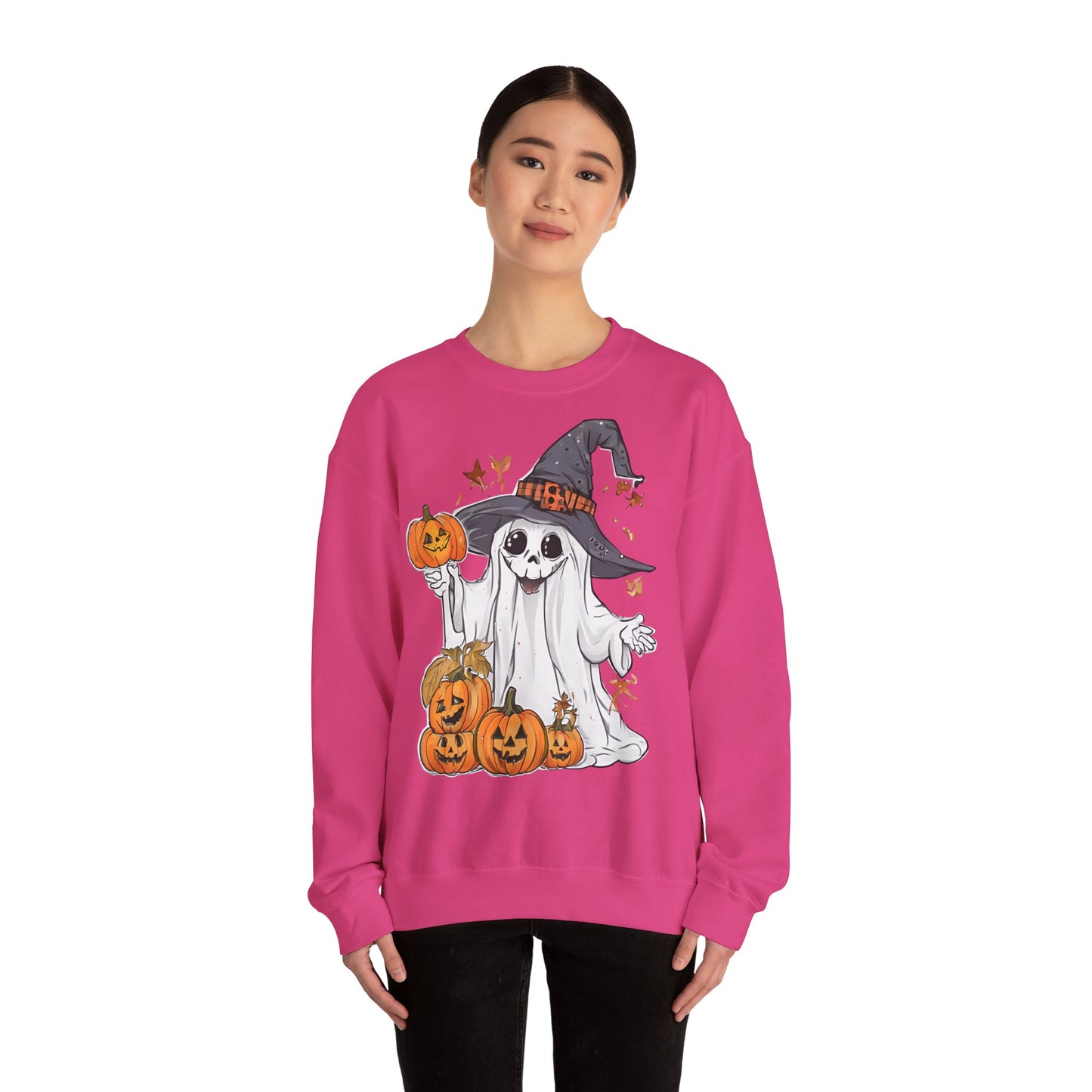 Halloween Sweatshirt mit lustigem Geist mit Hut und Kürbisse