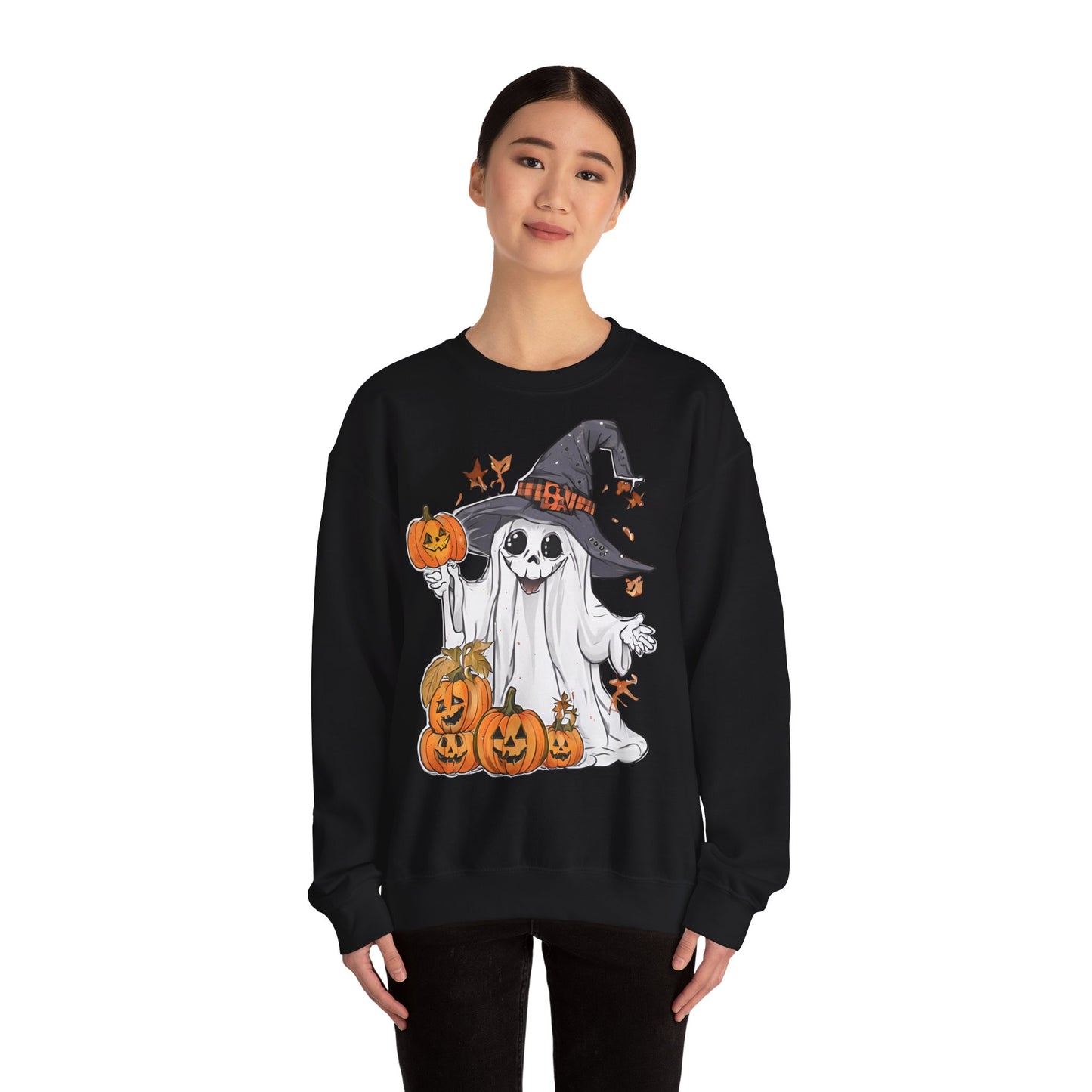 Halloween Sweatshirt mit lustigem Geist mit Hut und Kürbisse