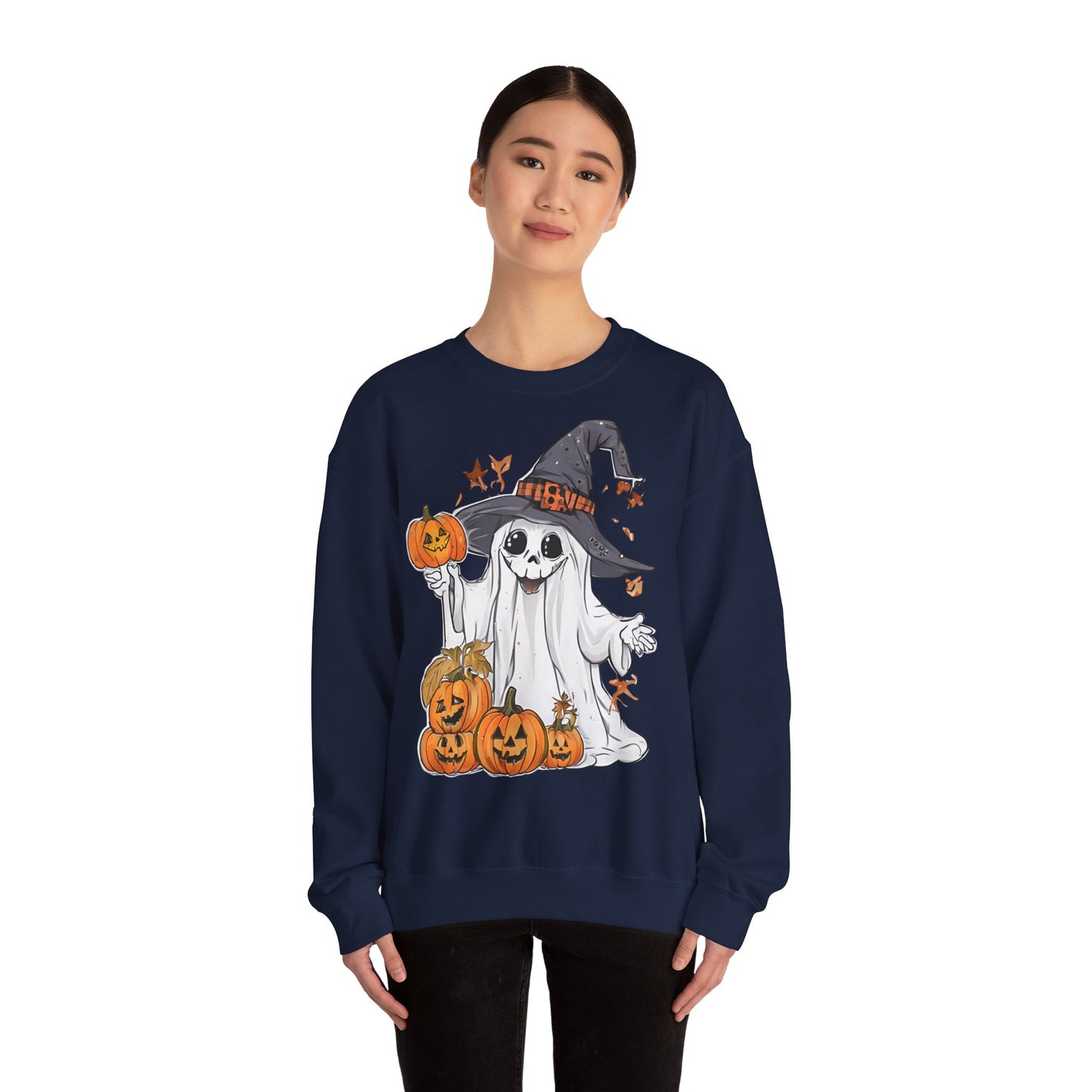 Halloween Sweatshirt mit lustigem Geist mit Hut und Kürbisse
