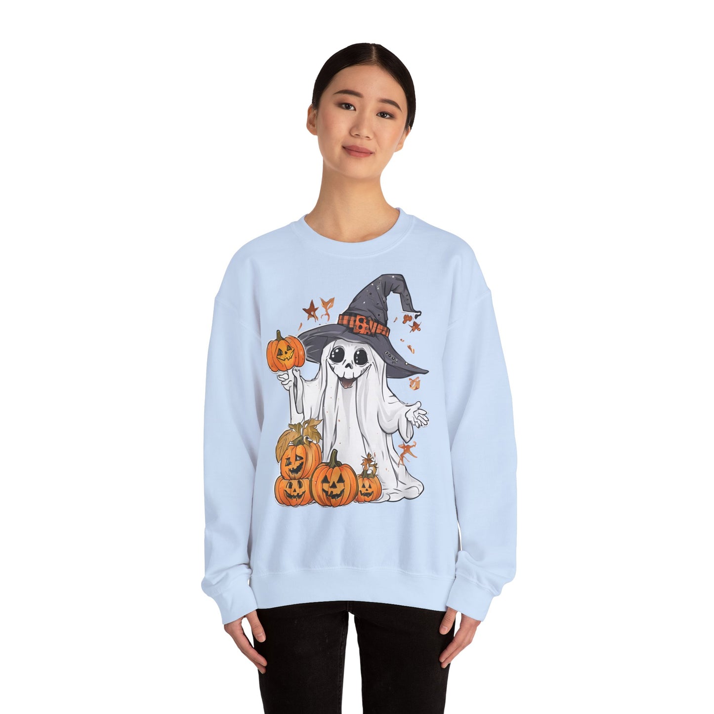 Halloween Sweatshirt mit lustigem Geist mit Hut und Kürbisse