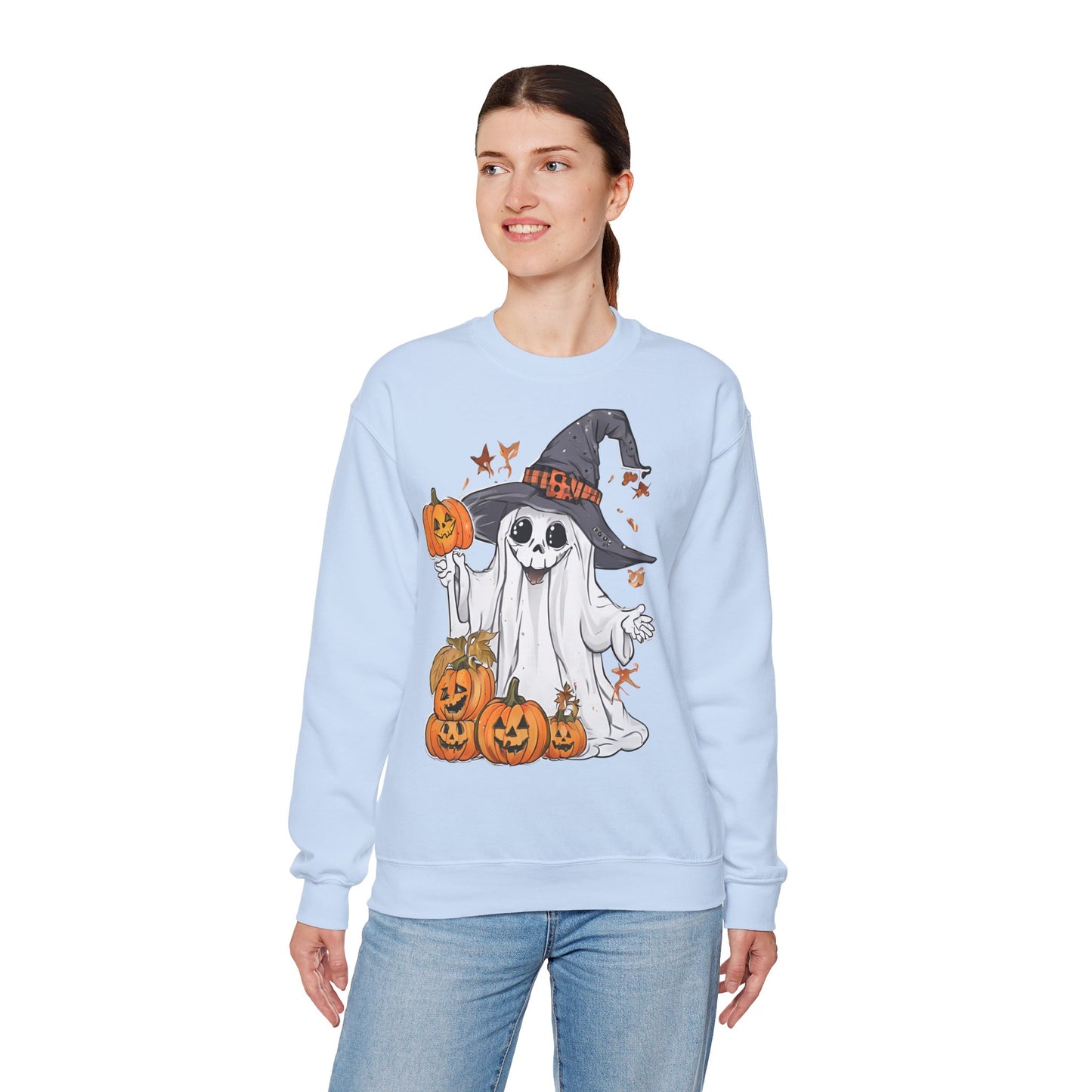 Halloween Sweatshirt mit lustigem Geist mit Hut und Kürbisse