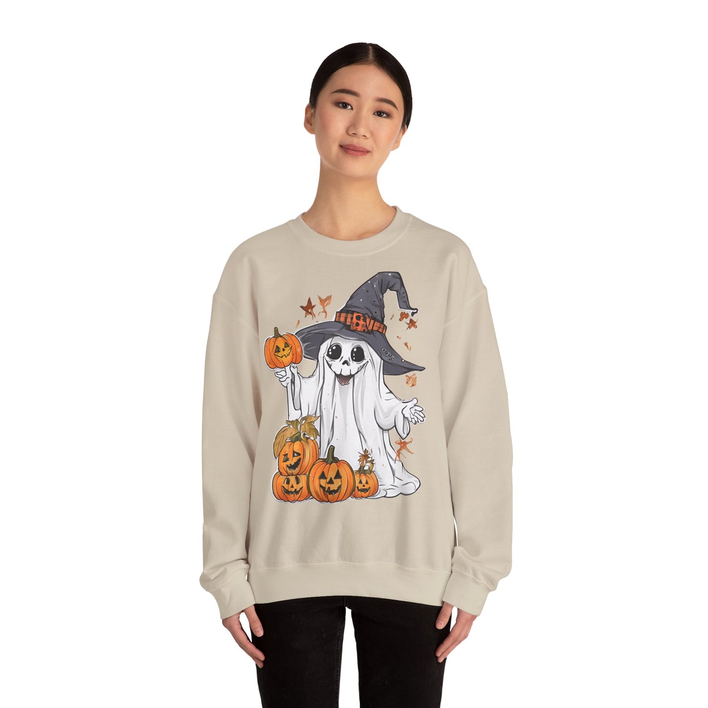 Halloween Sweatshirt mit lustigem Geist mit Hut und Kürbisse