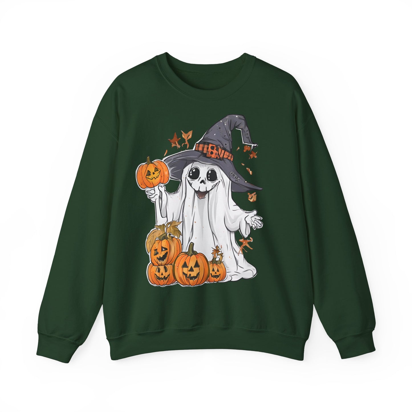 Halloween Sweatshirt mit lustigem Geist mit Hut und Kürbisse