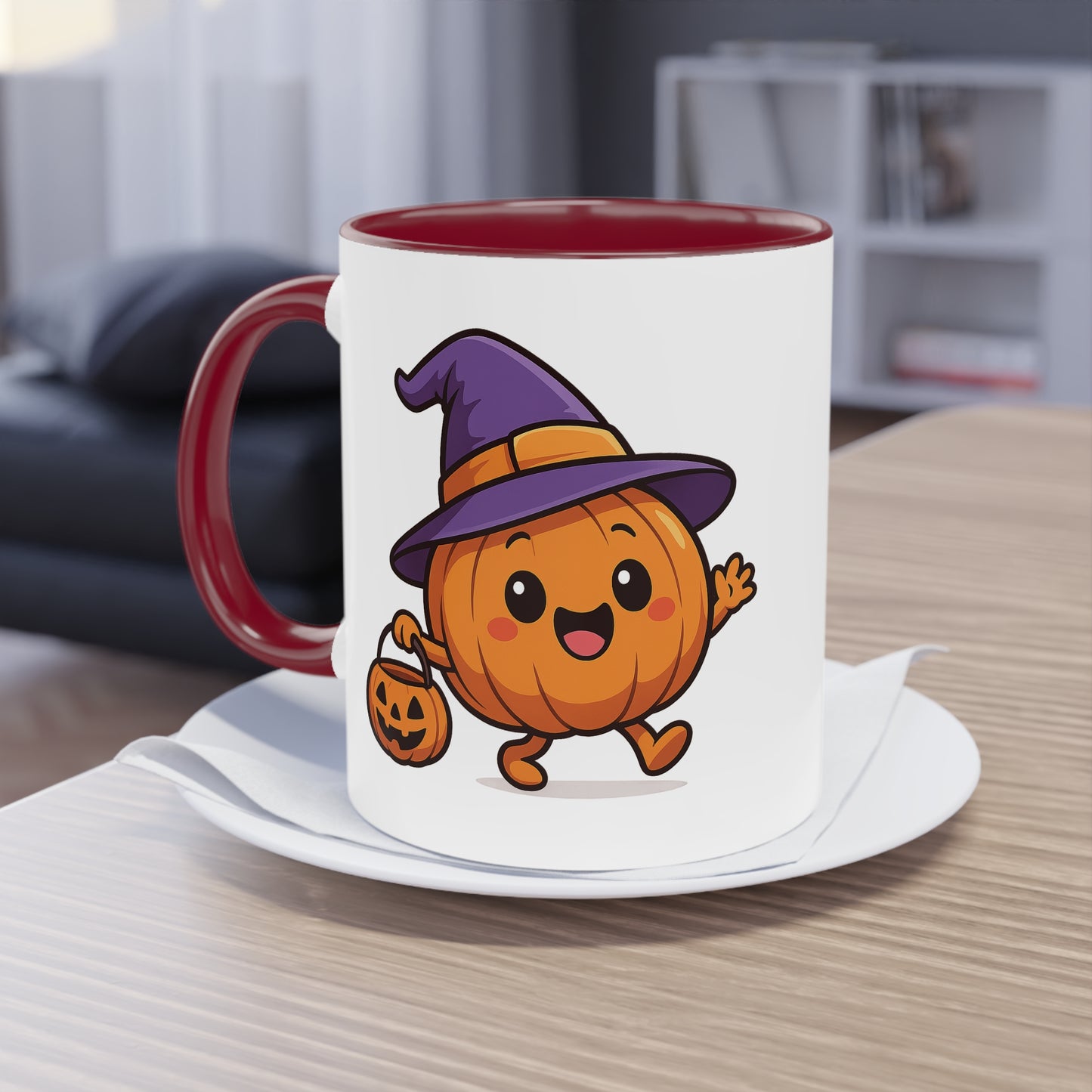 Weiß - Dunkelbraune Keramiktasse für Kinder mit Kürbis der einen Hut trägt - von MorgenMood