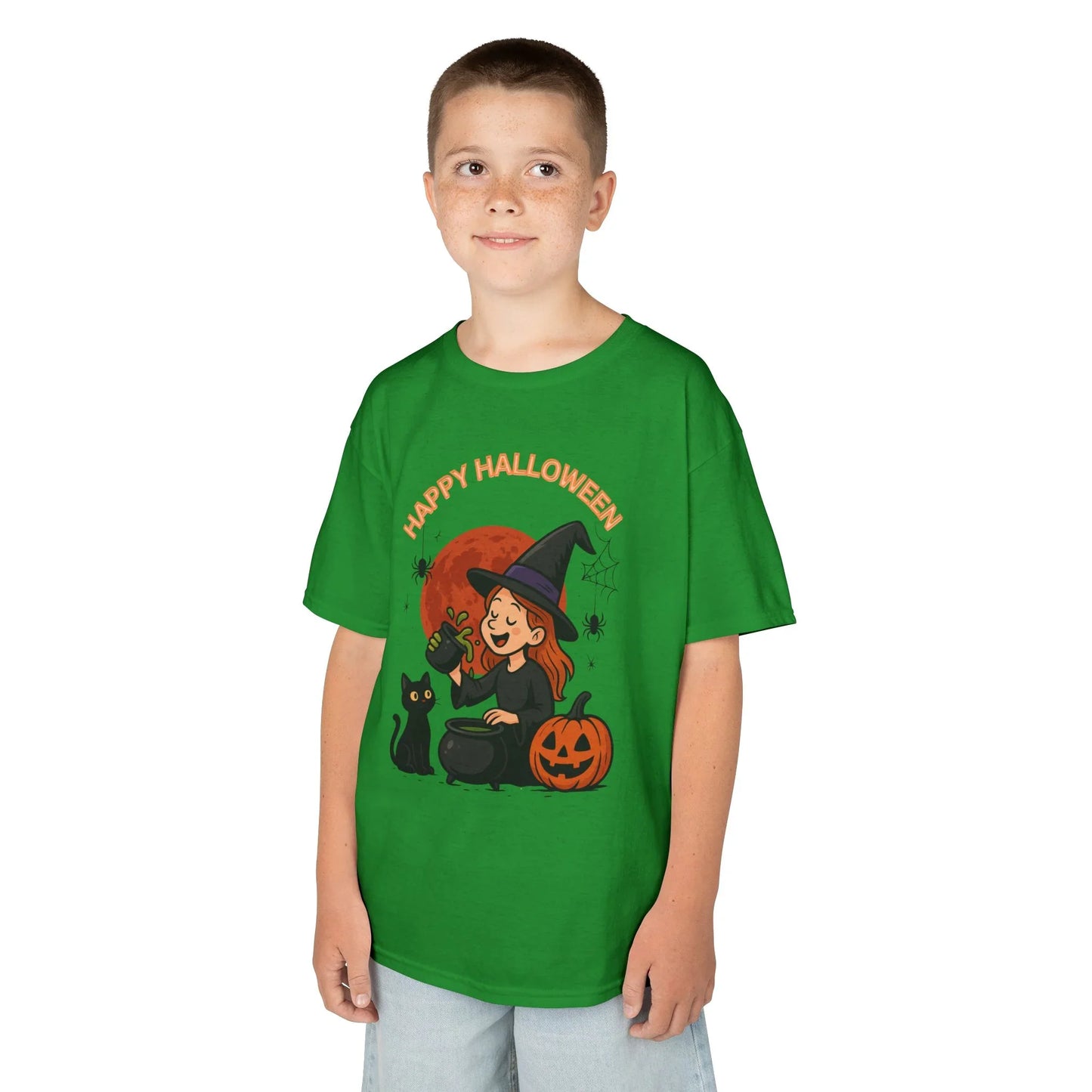 Kinder T-Shirt Motiv Halloween Hexe Katze Kürbis - MorgenMood
