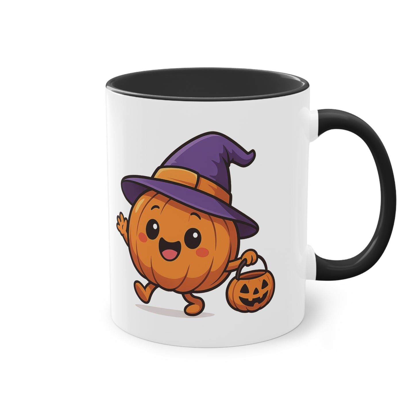 Weiß -Schwarze Keramiktasse für Kinder mit Kürbis der einen Hut trägt - von MorgenMood