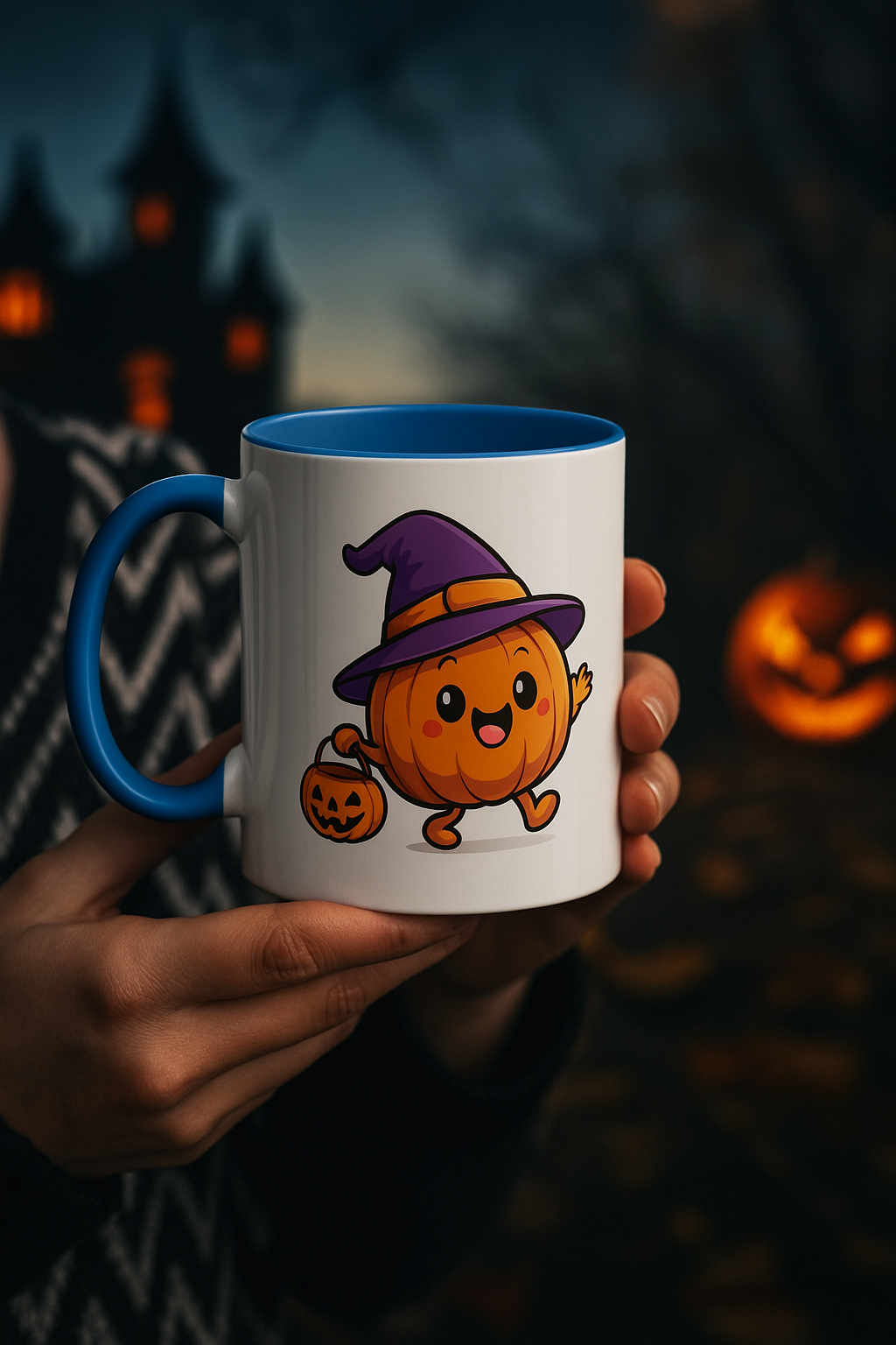Weiß - Blaue Keramiktasse für Kinder mit Kürbis der einen Hut trägt - von MorgenMood