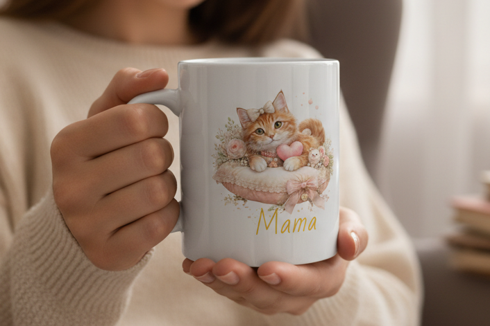 Personalisierte Katzenmama Tasse – Beidseitig Bedruckte Keramiktasse mit Herz-Motiv - MorgenMood -Entdecke Tassen, T-Shirts und Sweatshirts mit einzigartigem Style