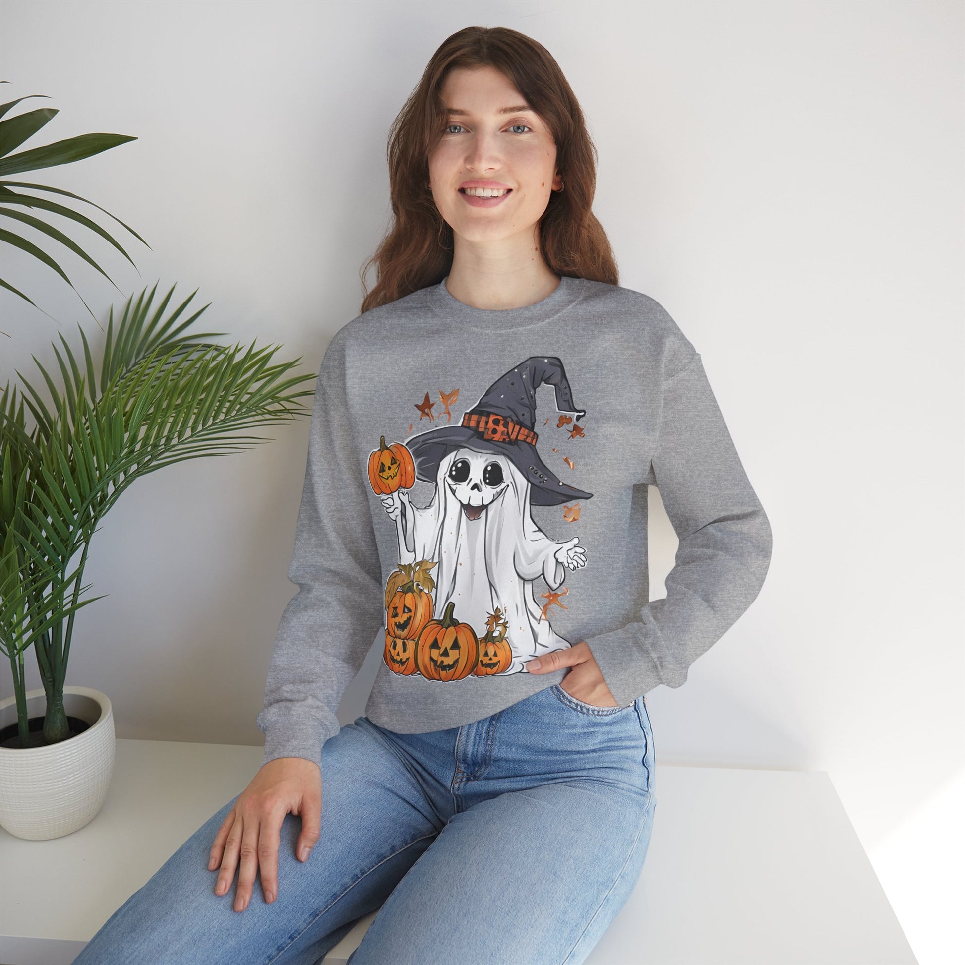 Graues Sweatshirt mit lustigem Halloween Motiv