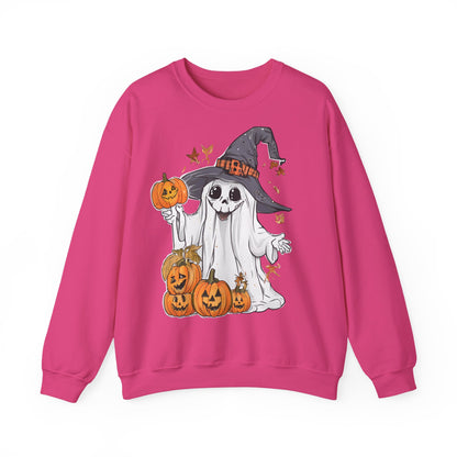 Halloween Sweatshirt mit lustigem Geist mit Hut und Kürbisse