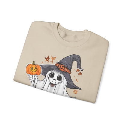 Halloween Sweatshirt mit lustigem Geist mit Hut und Kürbisse