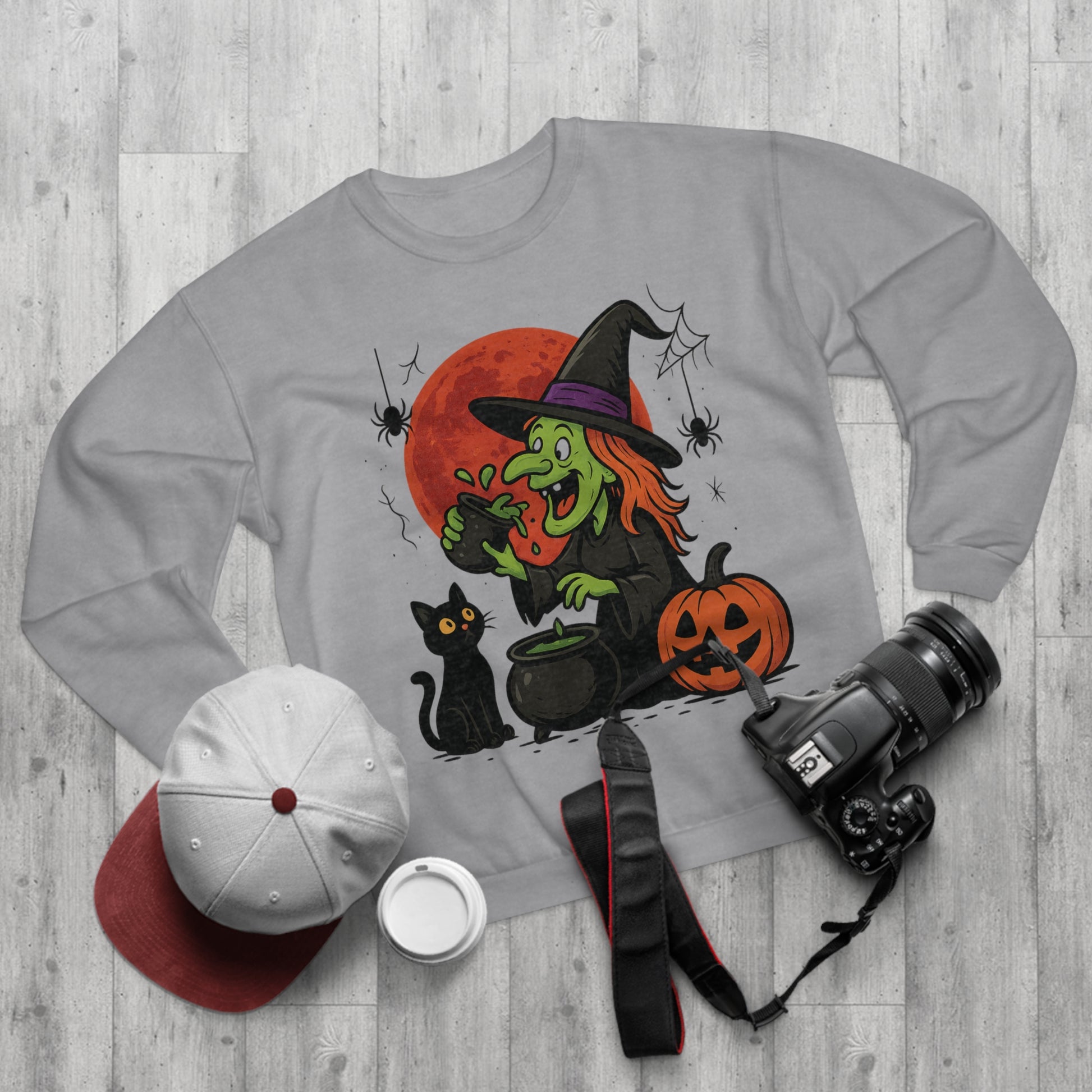 Sweatshirt Motiv Halloween Hexe Blutmond Katze Kürbis - MorgenMood 