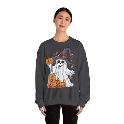 Halloween Sweatshirt mit lustigem Geist mit Hut und Kürbisse