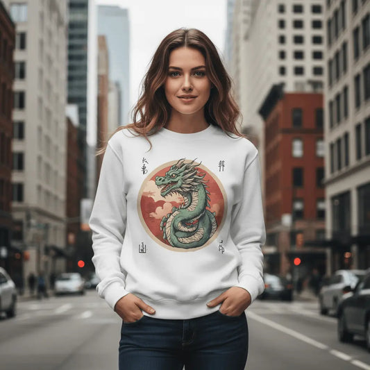 Arctic -Weißes Sweatshirt mit chinesischem Drachen und Zeichen
