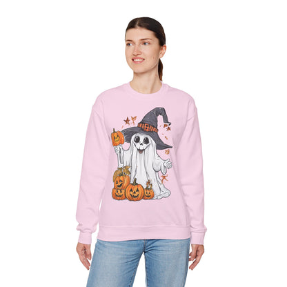 Halloween Sweatshirt mit lustigem Geist mit Hut und Kürbisse
