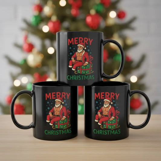 Schwarze Keramik Tasse mit sexy Weihnachtsmann Motiv und Merry Christmas