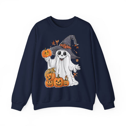 Halloween Sweatshirt mit lustigem Geist mit Hut und Kürbisse
