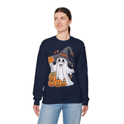Halloween Sweatshirt mit lustigem Geist mit Hut und Kürbisse