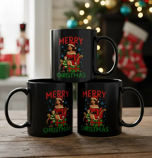 Festliche schwarze Tasse mit sexy Weihnachtsfrau als Geschenkidee Merry Christmas - MorgenMood -Entdecke Tassen, T-Shirts und Sweatshirts mit einzigartigem Style
