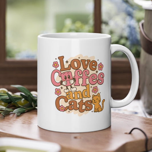 Weiße Keramiktasse mit Text Love Coffes and Cats Blumen lustige Tasse und Katze - von MorgenMood 