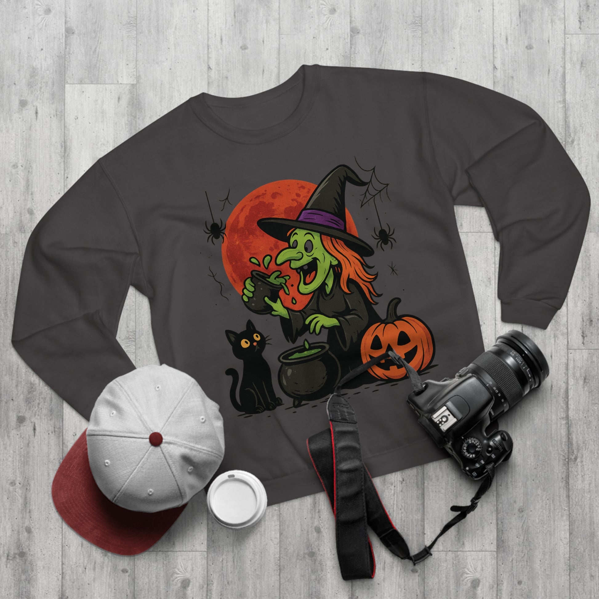 Sweatshirt Motiv Halloween Hexe Blutmond Katze Kürbis - MorgenMood 