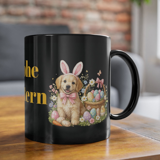 Frohe Ostern Tasse Schwarz – Ostergeschenk für Frauen mit Hund & Blumen