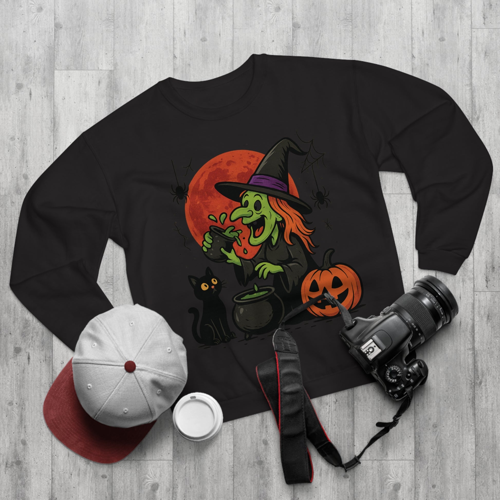 Sweatshirt Motiv Halloween Hexe Blutmond Katze Kürbis - MorgenMood 