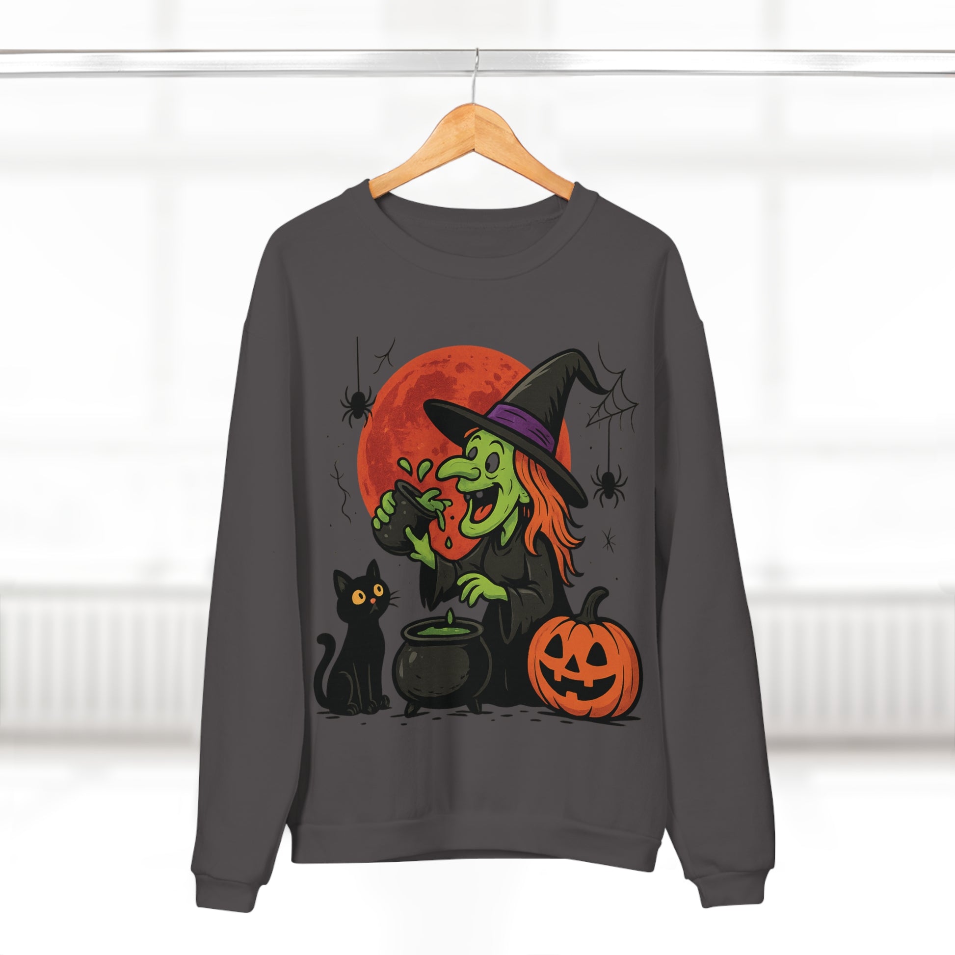 Sweatshirt Motiv Halloween Hexe Blutmond Katze Kürbis - MorgenMood 