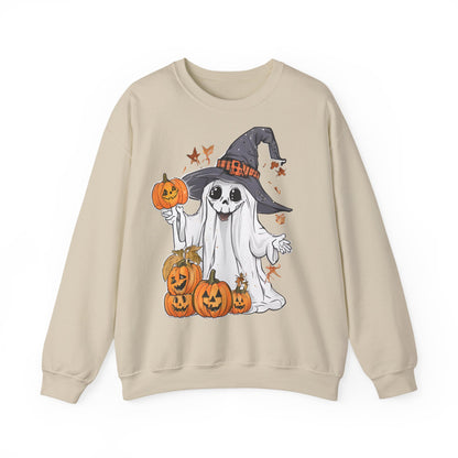Halloween Sweatshirt mit lustigem Geist mit Hut und Kürbisse