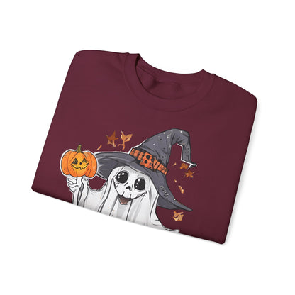 Halloween Sweatshirt mit lustigem Geist mit Hut und Kürbisse