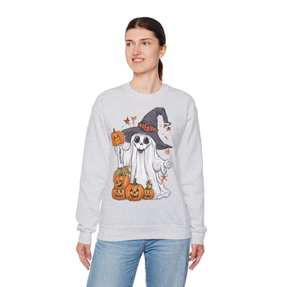 Halloween Sweatshirt mit lustigem Geist mit Hut und Kürbisse