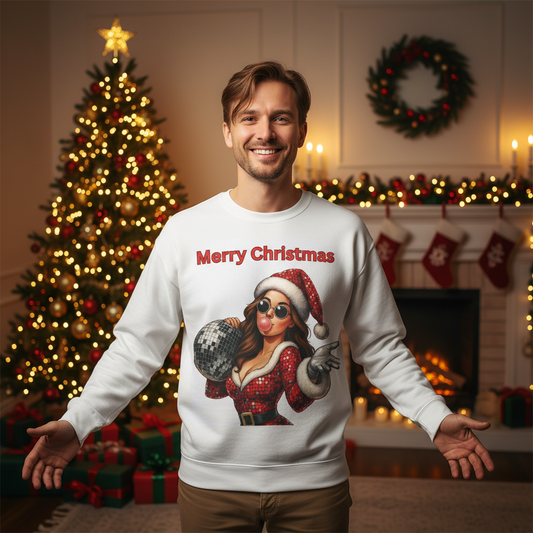Weihnachts-Pinup-Sweatshirt – Rundhalsausschnitt mit „Merry Christmas“-Weihnachtsmann-Motiv - MorgenMood -Entdecke Tassen, T-Shirts und Sweatshirts mit einzigartigem Style
