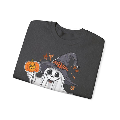 Halloween Sweatshirt mit lustigem Geist mit Hut und Kürbisse