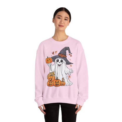 Halloween Sweatshirt mit lustigem Geist mit Hut und Kürbisse