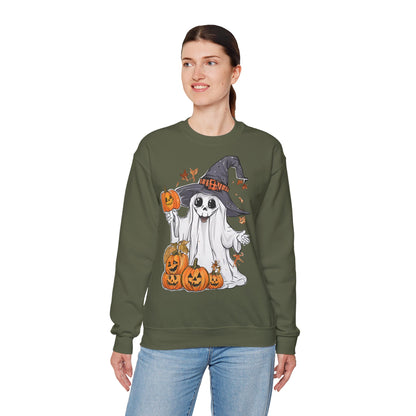 Halloween Sweatshirt mit lustigem Geist mit Hut und Kürbisse