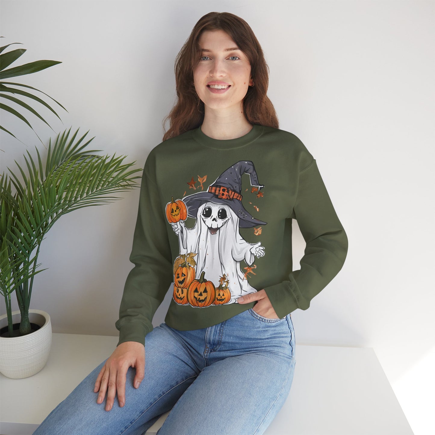 Dunkelgrünes Sweatshirt mit lustigem Halloween Motiv