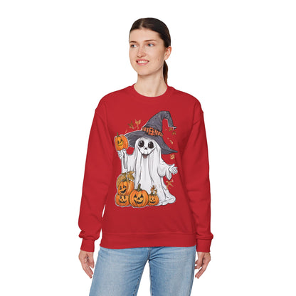 Halloween Sweatshirt mit lustigem Geist mit Hut und Kürbisse