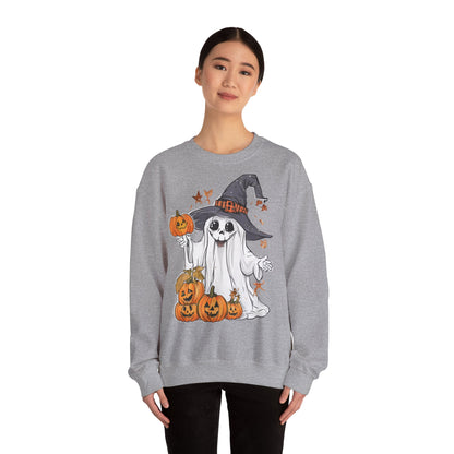 Halloween Sweatshirt mit lustigem Geist mit Hut und Kürbisse