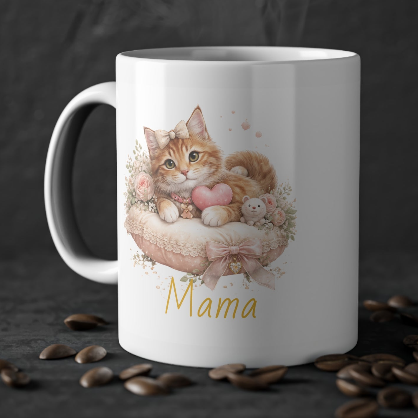Personalisierte Katzenmama Tasse – Beidseitig Bedruckte Keramiktasse mit Herz-Motiv