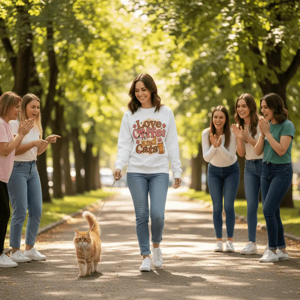 Sweatshirt Comic Style Kaffee und Katze Motiv - Geschenkidee