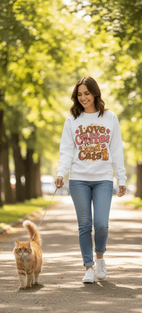 Sweatshirt Comic Style Kaffee und Katze Motiv - Geschenkidee