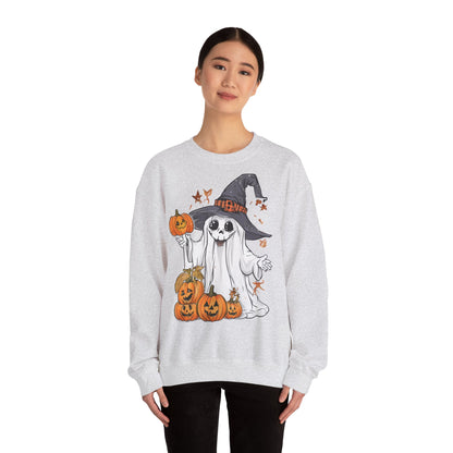 Halloween Sweatshirt mit lustigem Geist mit Hut und Kürbisse