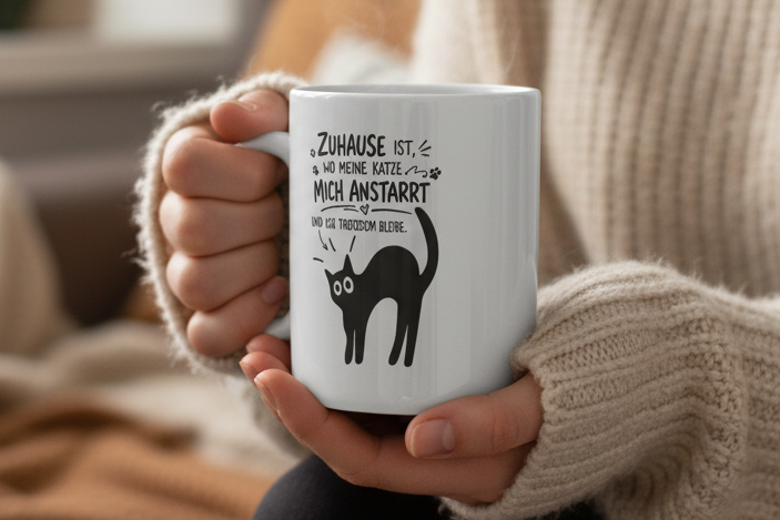 Lustige Katzen Tasse – „Zuhause ist wo meine Katze mich anstarrt“ - MorgenMood -Entdecke Tassen, T-Shirts und Sweatshirts mit einzigartigem Style