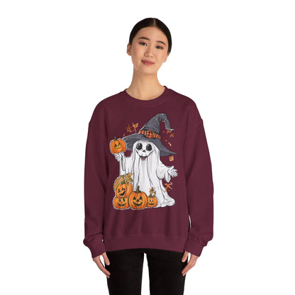 Halloween Sweatshirt mit lustigem Geist mit Hut und Kürbisse