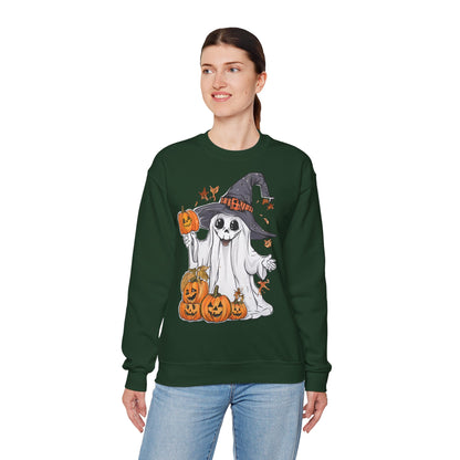 Halloween Sweatshirt mit lustigem Geist mit Hut und Kürbisse