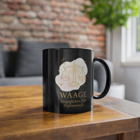 Schwarze Kaffeetasse Sternzeichen Waage goldfarbenem Schriftzug - von MorgenMood 